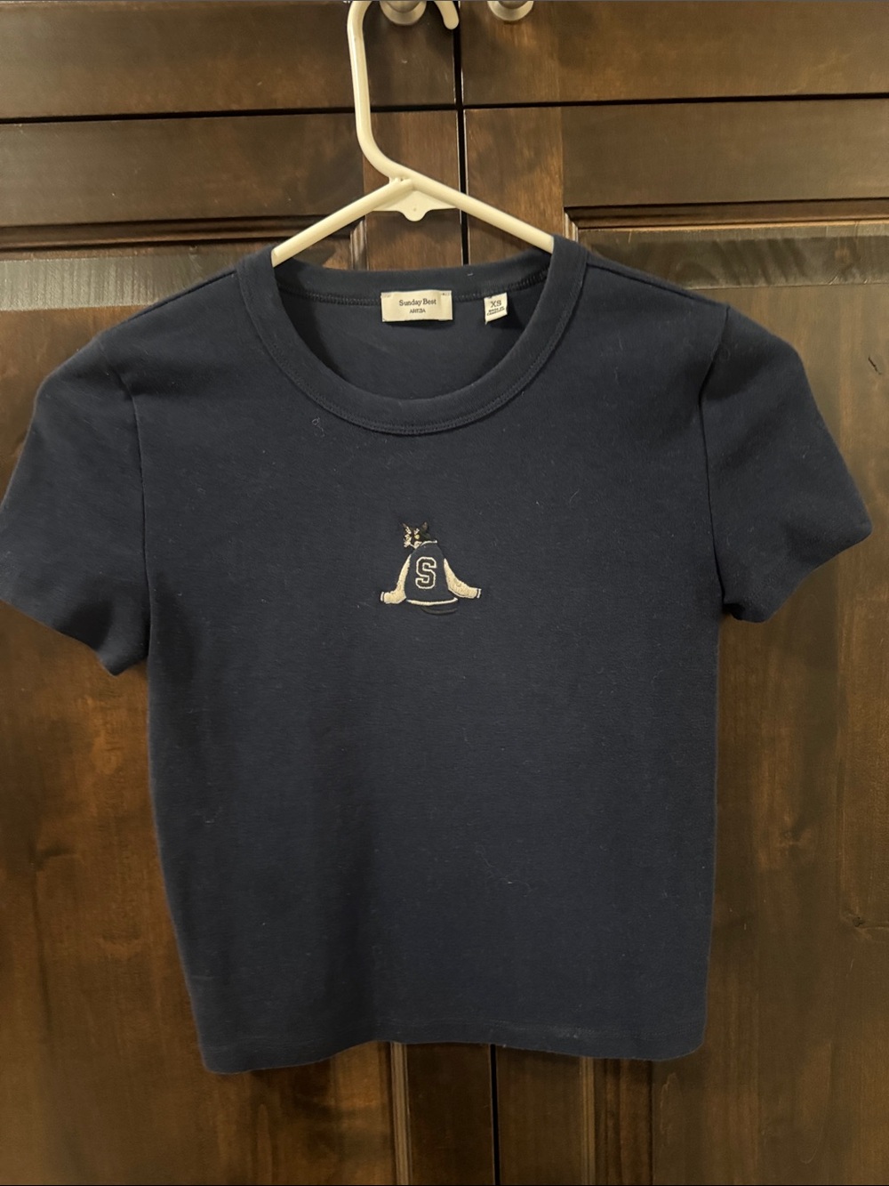 Aritzia Sunday Best Navy Short Sleeve Tee with Embroidered letterman S size XS